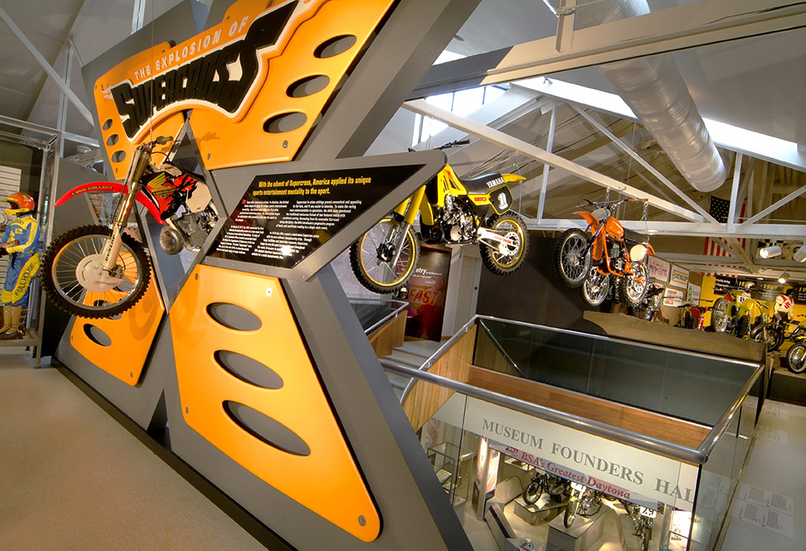 Motorcycle Hall of Fame Museum Motocross America x side with bikes accross stairwell