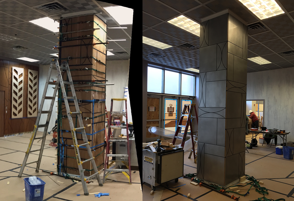 installing art deco pillar at Appalachian Electric Powe AEP lobby